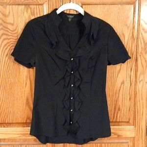 Express Elite Stretch Vintage Black Shirt Size SP V-Neck‎ Ruffles Puff Sleeves